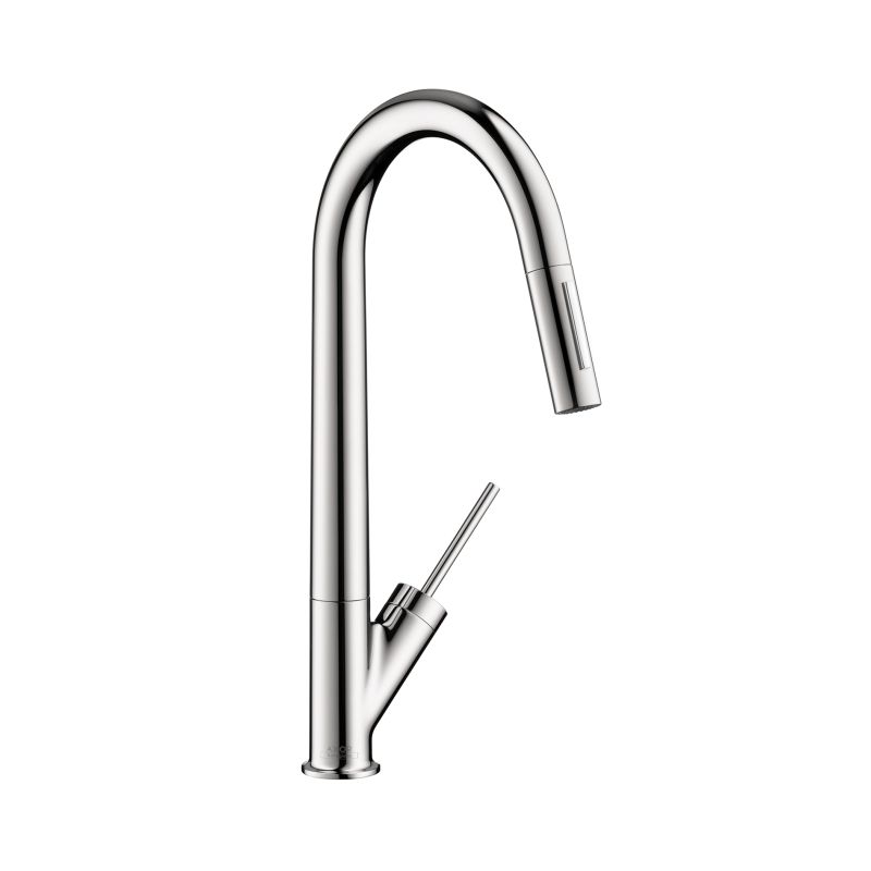 Axor 10821001 Starck High Arc Pull-Down Kitchen Faucet with Magnetic Docking Metal Spray Head and Joystick Handle in Chrome